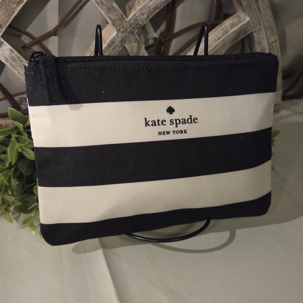 Kate Spade New York Black Cream Stripe Cosmetic Pouch Zip Makeup Bag Clutch